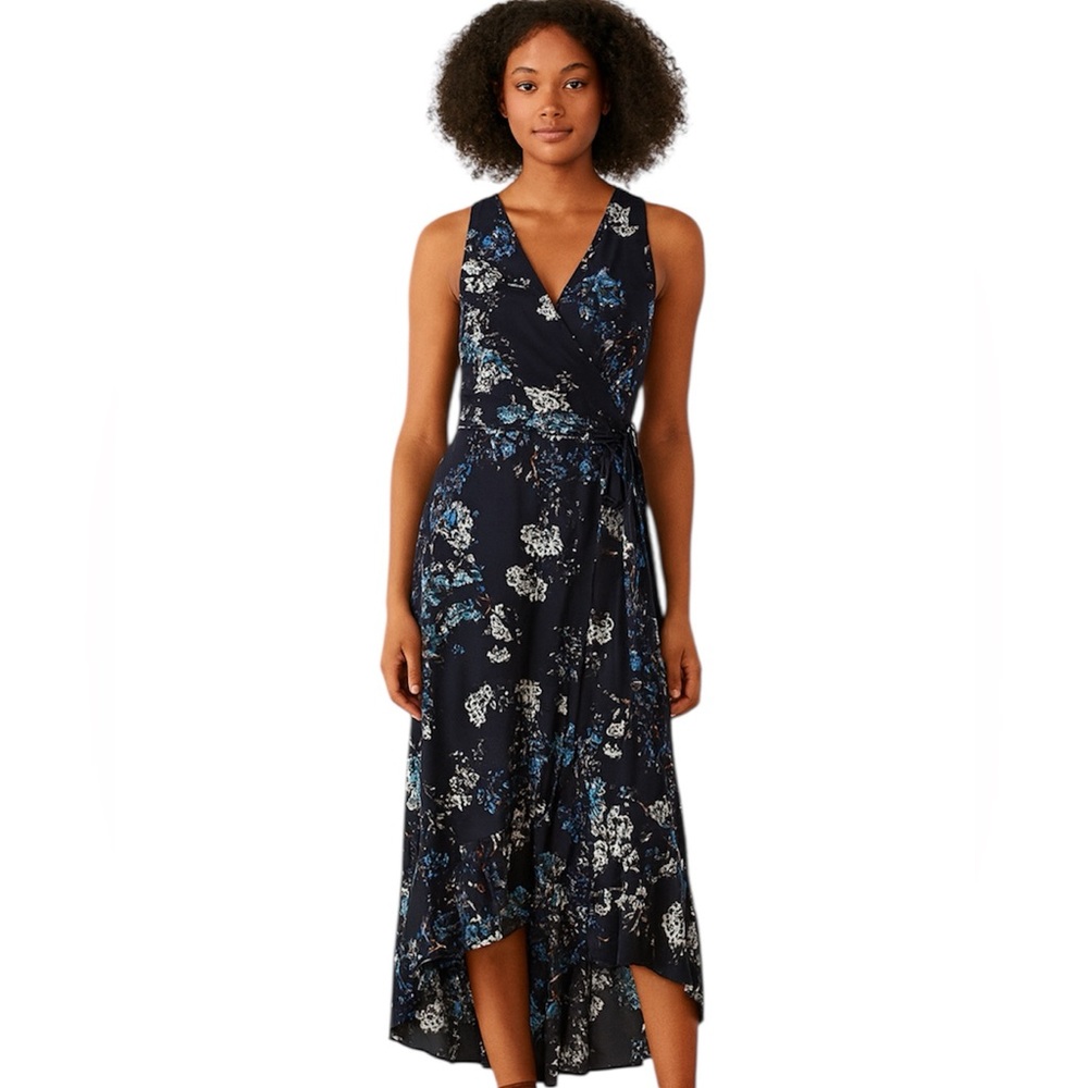 2three 4 summer navy slik blue floral wrap maxi dress size XS